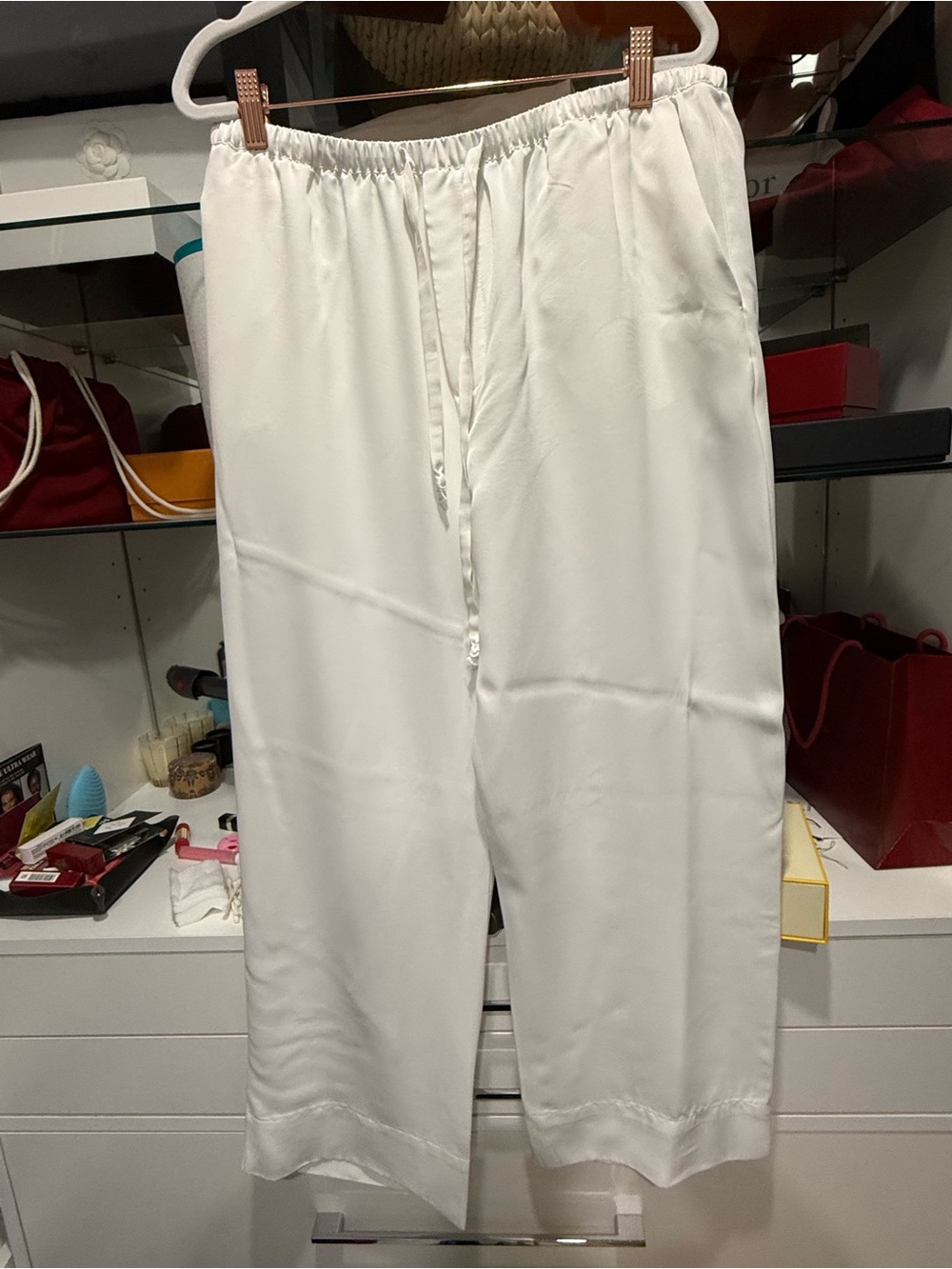 Zara White Elastic-Waist Pull-On satin Pants